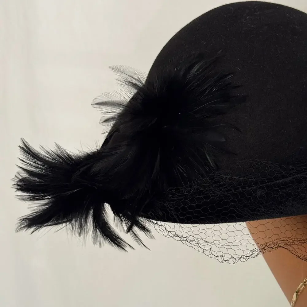 Vtg 1950s valerie modes crescent fascinator hat black feathers birdcage veil